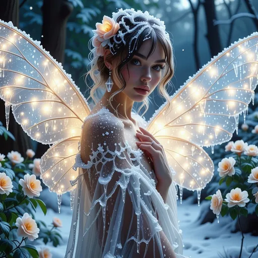 Prompt: Gorgeous muscular 35-year-old (melting ice fairy) drag queen, delicate wings dripping with glistening icicles, ethereal glow from the fairy's body, surrounded by frost-covered flowers, shimmering particles in the air, enchanted forest backdrop, soft pastel color tones, serene and mystical ambiance, (highly detailed), magical light illuminating the scene, ethereal presence, enchanting winter wonderland vibe.