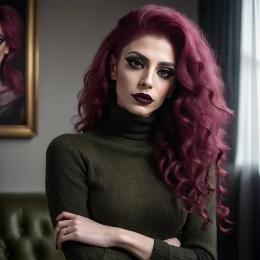 Prompt: (35-year-old Turkish genderfluid drag queen with long curly magenta hair), wearing an olive long knitted black turtleneck shirt and skinny jeans, dark ete makeup, dark lipstick,  masculine jawline and brow, (close up,low angle shot ), inside a softly lit room, (white curtains gently swaying),  captured in an extremely detailed (oil painting style), (photorealistic), sunlight streaming through the woman  , she is looking out the window and  holding the curtains with her hands ,(artistic modeling pose) ,high resolution , detailed , bright colors