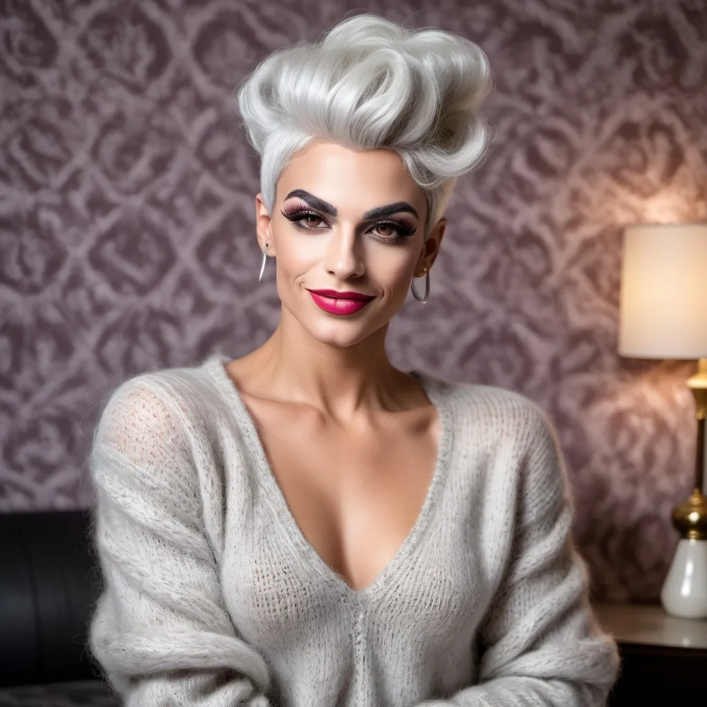 Prompt: Gorgeous muscular 25-year-old silver-haired French drag queen (masculine jawline and brow facial features) in a modern home, against a wall with wallpaper and furniture background
wearing long cable knitted angora mohair sweater , (extremely fluffy:1.8) angora mohair sweater, from side, looking at viewer, smile, (full lips:1.8), dark red lipstick, daek eyeliner, dark makeup, 8k, very detailed, green eyes, very detailed eyes,
source_real, raw, photo, amateur, french drag queen, Close-Set Eyes, [eyecolors violet], full lips, high cheekbones, weak receding chin, burgundy, lob, light blue, lip gloss, __15JeweleryMaterials__ __14Piercing__, large busom,  gorgerous, outdoor, portrait, , highly detailed, detailed skin, depth of field, film grain
(photorealistic) (bokeh) (intricate details) (cinematic lighting) (sharp focus)
