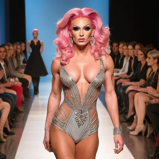 Prompt: Gorgeous statuesque 25-year-old Russian drag queen bodybuilder runway model with pink hair walking the catwalk at a fashion show.