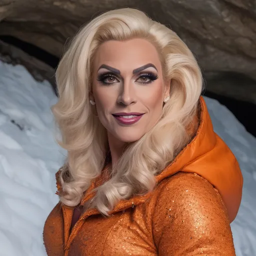 Prompt: professional portrait photograph of a gorgeous muscular 35-year-old British drag queen (strong masculine jawline and brow features) in orange winter clothing, long natural blonde hair, most attractive face, (freckles), nice smile, cute stylish makeup, wearing elegant warm winter fashion clothing, ((standing out side a frozen cave), hyper- realistic, detailed features, realistic lighting, high quality, realistic view,, elegant, realistic setting, professional, detailed, glamorous, actress, iconic, stunning modern urban environment, ultra realistic, concept art, elegant, highly detailed, intricate, sharp focus, depth of field, f/1. 8, 85mm, medium shot, mid shot, (((professionally color graded))), bright soft diffused light, (volumetric fog), trending on instagram, hdr 4k, 8k