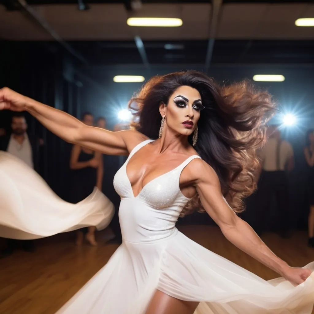 Prompt: Gorgeous ultra-muscular 25-year-old Portuguese disco drag queen (with masculine jawline chin and brow features) with big busom and long flowing hair ((((flowing with her dance motion)))) wearing a white flowing dress as she dancesand twirls on the dance floor. Blur stop motion. Composition focus on full-body and legs.