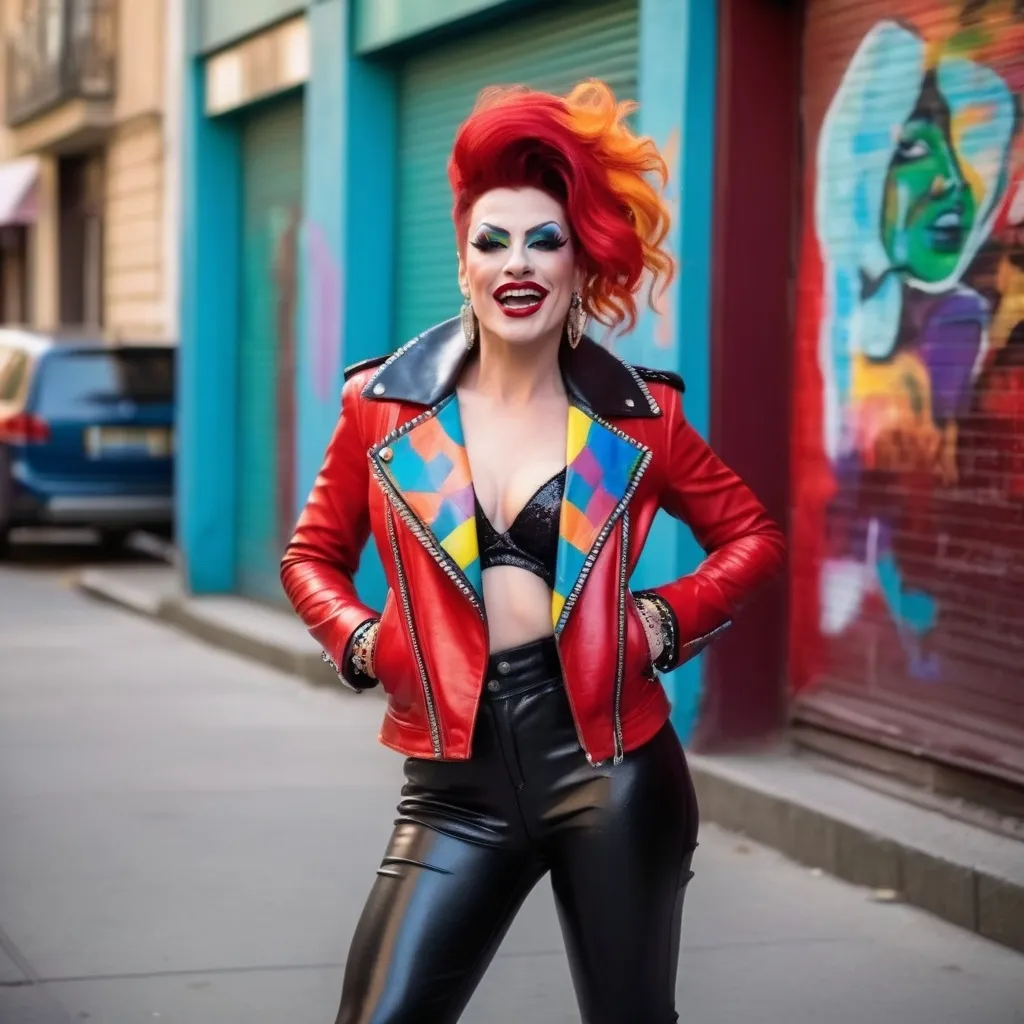 Prompt: A gorgeous muscular 25-year-old French drag queen with dark eyeshadow,  dark red lipstick,  and big busom, in a colorful leather jacket, black pants, and 8 inch stiletto high heel shoes posing for a picture on the street with her hands in her hair, laughing, bright red windswept hair, Fan Qi, maximalism, colorful, a character portrait 