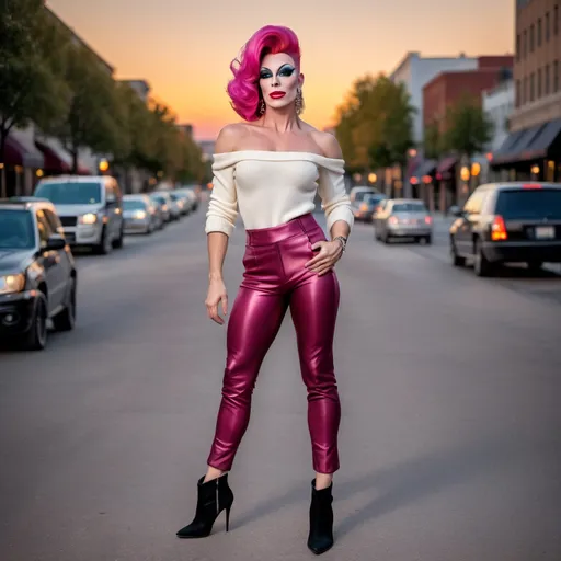 Prompt: Front view of a handsome man DRESSED UP AS a 25-year-old, muscular, gorgeous French DRAG QUEEN wearing capri pants, off the shoulder sweater, and 8 inch stiletto high heel ankle boots. Hanging out downtown at sunset.