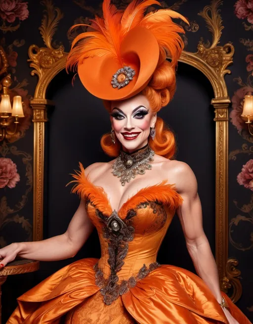 Prompt: Victorian-era (beautiful smiling British drag queen bodybuilder), adorned in an elegant rococo-style dress, wearing a striking hat embellished with (feathers), surrounded by an opulent, richly decorated background with intricate patterns and luxurious textures. Long dark orange updo hair. Dark eye makeup and dark lipstick. The ambiance exudes a sense of charm and sophistication, with soft, warm lighting illuminating her figure. 4K ultra-detailed, vibrant color tones that capture the essence of the era.