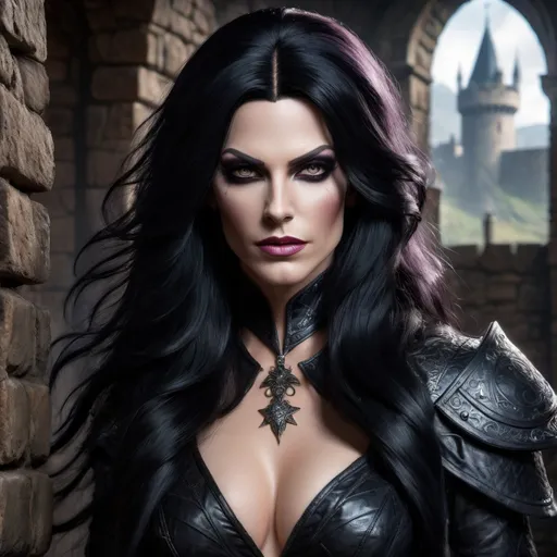 Prompt: Creates a gorgeous and Realistic image of a Muscular drag queen version of Yennefer of Vengerberg with long flowing black hair,  in the midst of battle in a castle.