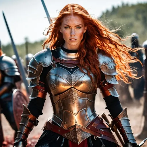 Prompt: Gorgeous ultra-muscular 25-year-old Finnish goddess with huge busom and ridiculously long wavy fiery red hair, dressed as a warrior princess in complete bronze armor and a gleeming steel longsword in the midst of a bloody and fiery battle.