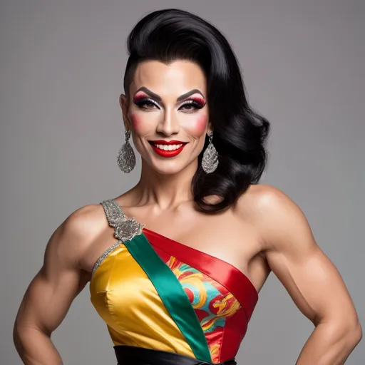 Prompt: Gorgeous muscular 35-year-old Eurasian drag queen with large busom, high arched light brown brows, prominent dimples, upturned wide mouth, (warm smile), (silver and jade jewelry), vibrantly colorful knee-length red & yellow screen-printed asymmetrical silk dress (off one shoulder cut) with black sash, jet black hair in and updo with red chopsticks in the topknot), dark eyeliner, dark red lipstick, (standing barefoot) on a tatami mat in a shoji screened room with traditional shrine along the wall, well lit space, colorful, filtered sunlight from the left, 8k, pro photography, elegantly posed, high detail & quality.