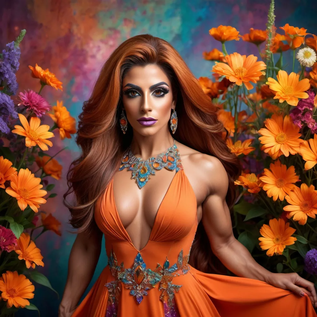 Prompt: 19.Imagine a gorgeous muscular 25-year-old Arabic drag queen bodybuilder with long dark orange, dressed in a flowing, jewel-toned dress, standing amidst a sea of colorful wildflowers. Use studio lighting to capture the full range of colors in her eyes and hair, and create a sense of balance and harmony in the composition.