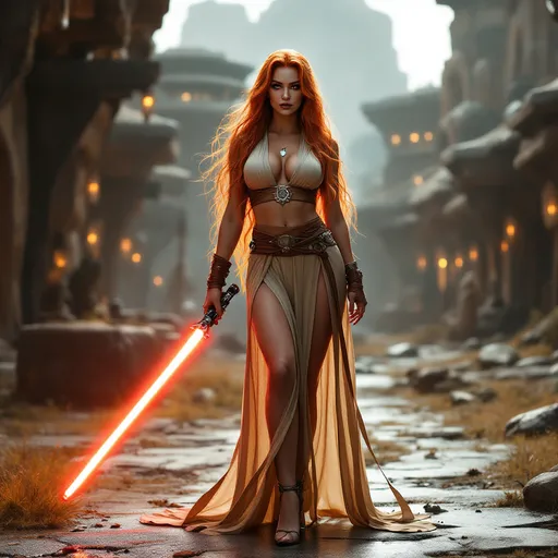 Prompt: Gorgeous ultra-muscular 25-year-old Finnish goddess with huge busom and ridiculously long flowing burnt orange hair wearing Jedi robes with a light saber and 8 inch stiletto high heel shoes posing in a futuristic village in the Star Wars universe. 