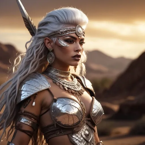 Prompt: HD 4k 3D, 8k, hyper realistic, professional modeling, ethereal Amazonian drag queen Warrior, silver hair, beige skin, gorgeous glowing face, Amazonian Warrior fur armor, brown jewelry and headpiece, Amazon warrior, tattoos, full body, carrying spear, desert, fierce barbarian, surrounded by ambient divine glow, detailed, elegant, mythical, surreal dramatic lighting, majestic, goddesslike aura