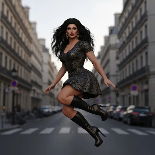 Prompt: Girgeous 35-year-old french muscular drag queen, flying in the air above Paris street, floating, long black hair, blue eyes, short dress, boots with stiletto high heels, realistic, detailed, soft warm lighting, high detailed face