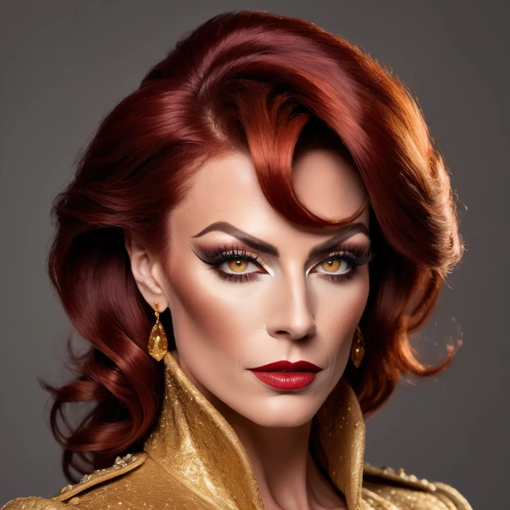 Prompt: "A gorgeous muscular German drag queen in her late thirties with striking dark red hair and light brown eyes that shimmer with a golden hue. She has a sharp, regal face and an air of authority. Known as the 'Golden Dutchess,' she is tall and muscular, exuding confidence and refinement. Dressed in a tailored noble coat with intricate detailing, she stands in a grand hall, her demeanor poised yet guarded, hinting at a troubled past beneath her polished exterior."