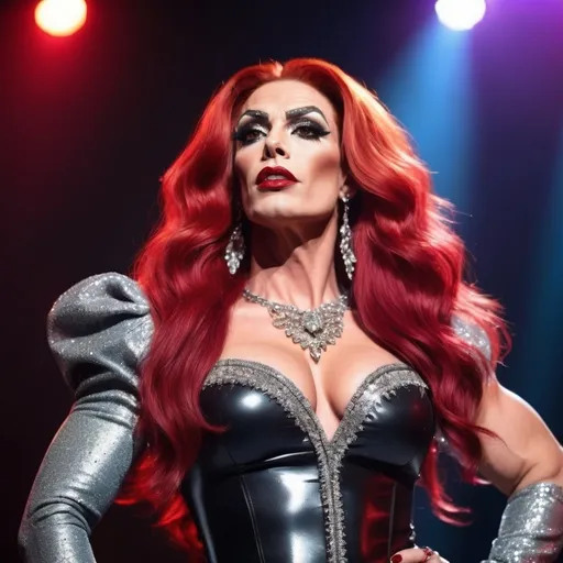 Prompt: Gorgeous muscular 35-year-old superstar drag queen (strong masculine jawline and brow features) with long flowing bright red hair, dark eyeshadow, and dark red lipstick. Glittery sparkly knee-high sliver high heel boots.  Singing at a big concert 