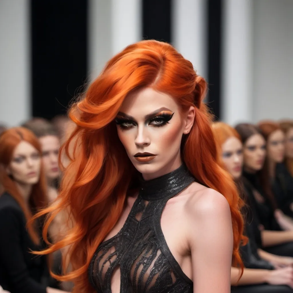 Prompt: Gorgeous statuesque 25-year-old Norwegian drag queen runway model wuth dark orange hair walking the catwalk at a fashion show.