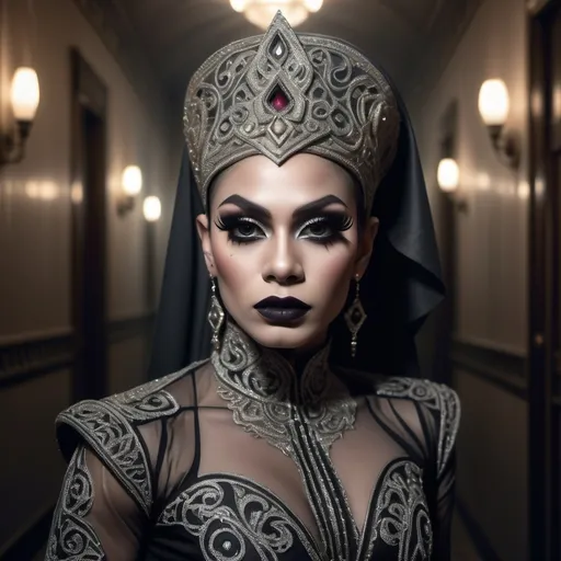 Prompt: hyper-detailed dull photo of a gorgeous muscular masculine 25-year-old Betawi drag queen (with strong jawline and chin), with dark eye makeup, dark lipstick, venetian lace jilbab, cropped jacket, foggy old hallway, art pose, medium format, epic character composition, sharp focus, intricate filigree details, cinematic lighting, volumetric fog, award-winning, masterpiece, 64K, professionally color graded