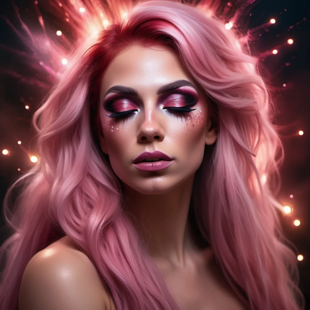 Prompt: (photorealistic painting), a gorgeous ultra-muscular 25-year-old Romanian drag queen with long pink hair, with her eyes closed, dark smokey eyeshadow and dark red ipstick, (glowing ethereal aura) behind her face and body, intricate (particles of light), inspired by Elsa Bleda's style, atmospheric and dreamy ambiance, soft and mystical lighting, high contrast between the glowing backdrop and her facial features, ultra-detailed, highly immersive, captivating and tranquil.