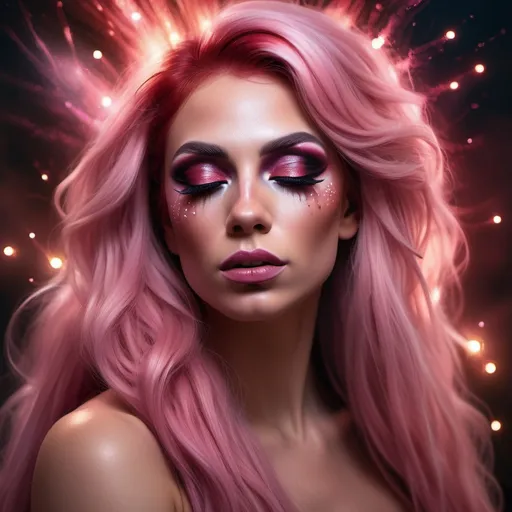 Prompt: (photorealistic painting), a gorgeous ultra-muscular 25-year-old Romanian drag queen with long pink hair, with her eyes closed, dark smokey eyeshadow and dark red ipstick, (glowing ethereal aura) behind her face and body, intricate (particles of light), inspired by Elsa Bleda's style, atmospheric and dreamy ambiance, soft and mystical lighting, high contrast between the glowing backdrop and her facial features, ultra-detailed, highly immersive, captivating and tranquil.