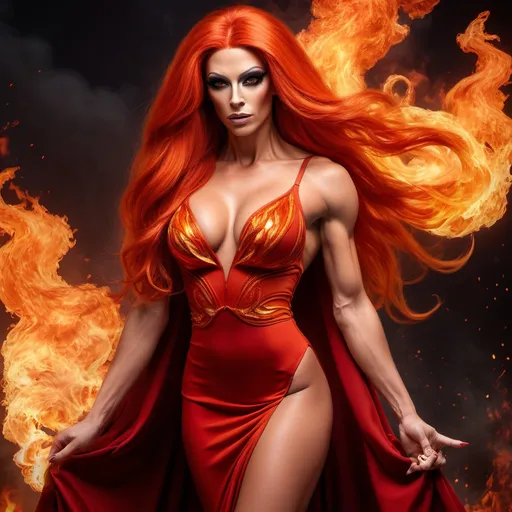 Prompt: Gorgeous ultra-muscular 25-year-old French drag queen bodybuilder with ridiculously long flaming fiery hair, {{ultra definition, concept art, cinematic, epic 4K masterpiece}
a goddess of fire, fiery hair, fieryb eyes, surrounded by fire, tall and evil,
{clothes] red fiery dress, mythology, full body, 8 inch stiletto high heel shoes, highly detailed, digital photography, artstation, concept art, smooth, sharp focus, illustration, 4k,