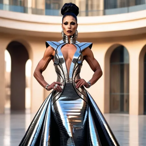 Prompt: Gorgeous muscular 35-year-old Libyan drag queen bodybuilder wearing a Paco Rabanne dress, stunning metallic textures, futuristically elegant design, intricate details shimmering in the light, soft atmospheric glow, chic and innovative fashion statement, high fashion runway style, elegant silhouette, artful composition, ultra-detailed, extravagant craftsmanship, captivating background of modern architecture, luxurious ambiance, 4K resolution.