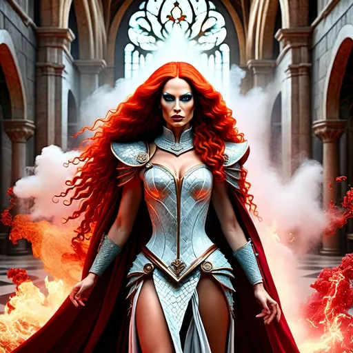 Prompt: In the creative style and detail of Leonardo Da Vinci create a highly detailed, ultra high definition photo-realistic image of a gorgeously stunning beautiful otherworldly muscular fictional fantasy white drag queen, casting magic nuclear blasts, with ridiculously long flowing red hair, ample cleavage, body surrounded by magical swirling mist. 

Wearing full dragon scale armor (random pose) pulling magic from a foes heart in a marbled mosaic temple hall of a Majestic castle, maintaining a magic casters alluring pose. Full body, centered, fantasy setting, character concept, cinematic, colorful background, concept art, dramatic lighting, highly detailed, hyper realistic, intricate sharp details, octane render, smooth, ultra studio lighting, perfect shading and shadows, trending on art station, 64k, HDR, unreal engine, emotive, cgi, animated, character art, iridescent, metallic.