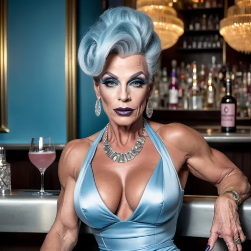 Prompt: Gorgeous ultra-muscular 55-year-old French drag queen bodybuilder with huge busom and short silver updo styled hair, wearing a light blue knee-length dress and dark lipstick, smokey eyes and 8 inch stiletto high heel shoes sitting at a luxurious bar drinking a cosmopolitan.