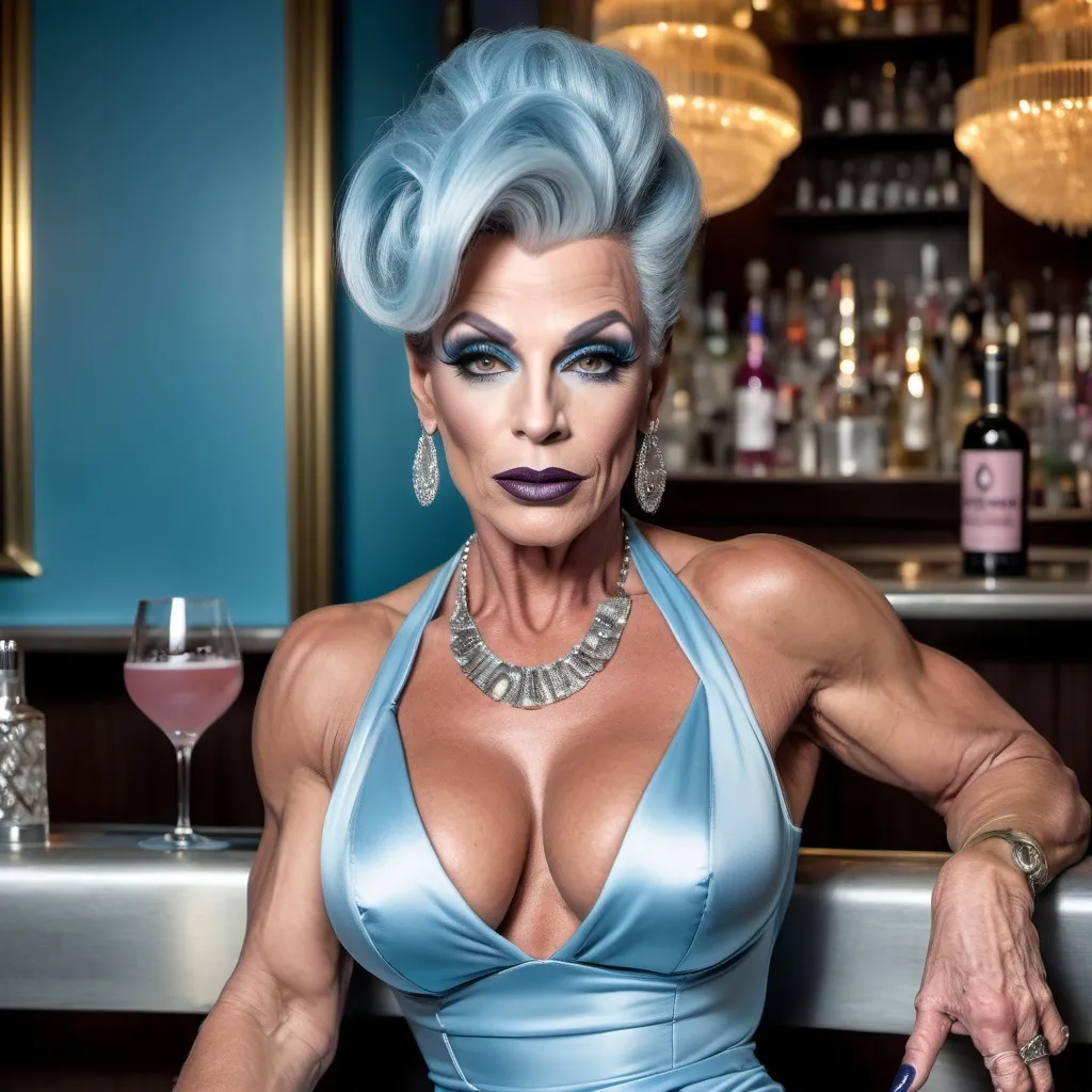 Prompt: Gorgeous ultra-muscular 55-year-old French drag queen bodybuilder with huge busom and short silver updo styled hair, wearing a light blue knee-length dress and dark lipstick, smokey eyes and 8 inch stiletto high heel shoes sitting at a luxurious bar drinking a cosmopolitan.