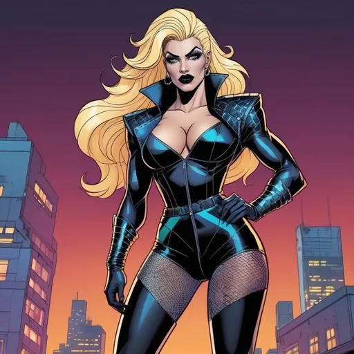 Prompt: Gorgeous muscular cyberpunk drag queen (DC Comics') Black Canary, great legs, crystal high heels,  dark lipstick.