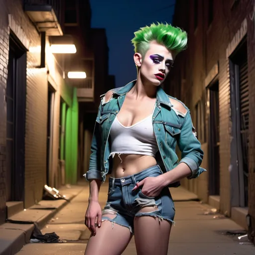 Prompt: Imagine James Dean dressed as a Gorgeous ultra-muscular 25-year-old Mid-Western drag queen with a green violet short mohawk, wearing ripped denim shorts, ripped t-shirt, ripped denim jacket, ripped white tights, and black 8 inch stiletto high heel shoes, posing in a back alley at night