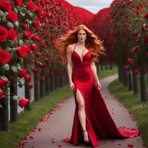 Prompt: Gorgeous ultra-muscular 25-year-old Swedish goddess with huge busom and ridiculously long wavy red hair (((blowing in the wind))), wearing long red rose gown and 8 inch red stiletto high heel shoes, walking a path made of rose petals. Subtle glamour makeup. 