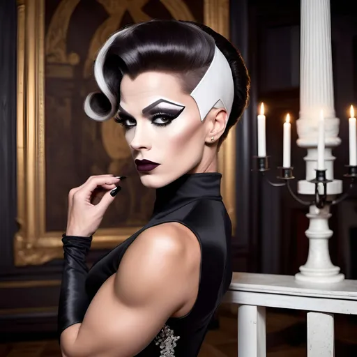 Prompt: Bride of Frankenstein is a gorgeous ultra-muscular 25-year-old Swedish drag queen bodybuilder dressed in a conservative and classy dress with heels.. Very classy. Very strong masculine jawline and brow. Dark eyeshadow and dark lipstick. Posing in an old spooky mansion.