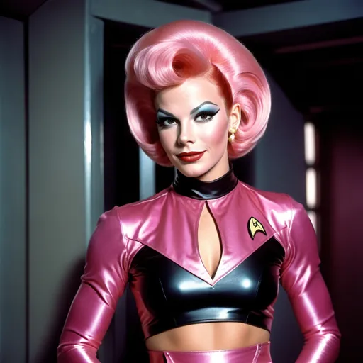 Prompt: Young William Shatner dressed up as a Gorgeous ultra-muscular 25-year-old Czechian drag queen, Star Trek Uniform, harness:1.4, full lips, short swept over pink hair, heavy mascara, dark eyeshadow, dark red lipstick, Bridge Command Center Background, instagram pose, smiling, raw photo, sharp focus on eyes, film grain, magazine cover, high quality, clothing details, fine fabric, full body, art student, (official art, extremely detailed CG unity 8k wallpaper), beautifully detailed eyes, detailed fine nose, detailed fingers, (8k), (best quality), ( masterpiece:1.2), (realistic), ( photorealistic:1.57), extremely detailed handsome gentlebeing, couture, magazine cover, textless, high quality, clothing details, fine fabric, full body, 8k, cinematic lighting (high detailed skin:1.1) ,Enhance,Golden Inspiration