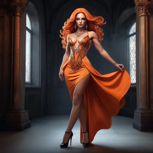 Prompt: FULL BODY PORTRAIT, (photorealistic), Fantasy character, (attractive, sensual, beautiful, dangerous, (caucasian) drag queen (strong masculine jawline and brow facial features) bodybuilder, striking dark orange long hair cascading, perfect symmetrical face, adorned in ornate short tight pencil dress and high  heels, dramatic shadows accentuating her features, (sensual dancing alluring stance), mystery and fierce ambiance, standing in a castle, soft ethereal lighting, ultra-detailed, high-resolution background, 