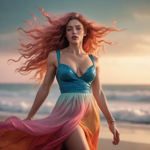 Prompt: 64k hi-res digital hyper-realistic full-length photographic portrait, cinematic film still, gorgeous 28-year-old muscular French goddess bodybuilder in a short boho-rococo dress, dancing on the beach, dark eye shadow, dark red lipstick, pretty eyes, glistening skin, plump lips, ridiculously long wavy pink hair (blowing in the wind), teal blue orange cream pink gold bright vivid vibrant gradient colors, uplifting mood, fantastic realism, crisp, epic,