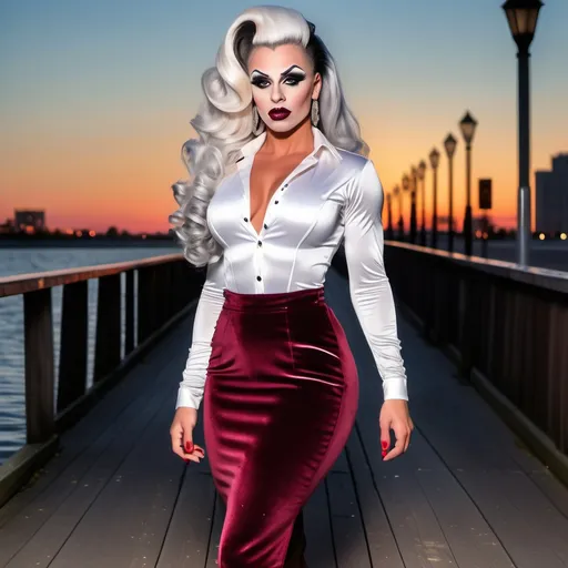 Prompt: a gorgeous ultra-muscular 25-year-old caucasian Polish suntanned drag queen bodybuilder with very long silver updo hair, dark eyeshadow, heavy mascara, dark red lipstick, wearing an ankle-length  velvet pencil skirt, long sleeve button up velvet blouse, 8 inch stiletto high heel boots, and white tights, posing on the boardwalk at sunset.