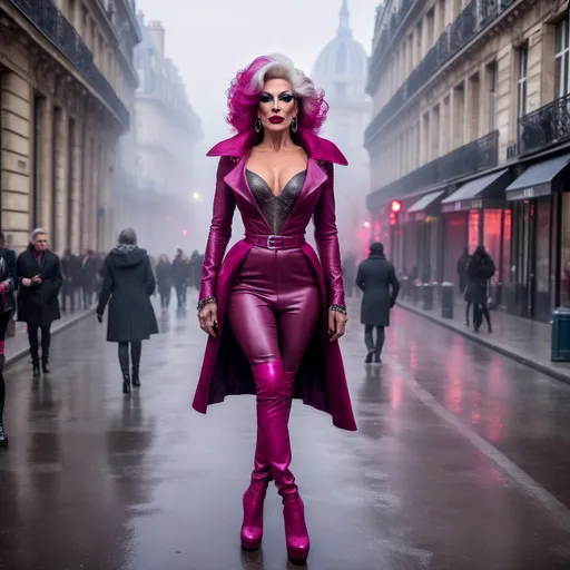 Prompt: Mysterious, Tall, gorgeous, muscular, 45-year-old French drag queen with salt & pepper stylish hair, dark eyeshadow,  and dark red lipstick, wearing a beautiful magenta outfit and 8 inch stiletto red thigh-high stiletto high heel boots, walking the streets of Paris on a foggy evening.