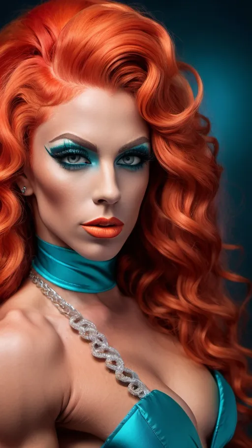 Prompt: Gorgeous ultra-muscular 25-year-old Czechian drag queen bodybuilder, stunning long cascading curly white-red hair, clear and detailed eyes, full body half side potrait of a photorealistic beautiful seductress, dark sky, gloomy, exotic teal and neon orange vintage dress, choker style colar, blue color eyes, detailed face, cyperpunk, full body, magic fantasy, wow effect, Artgerm and rubens style painting, Disney heroes are always a rewarding subject, stunning northern lights as backdrop