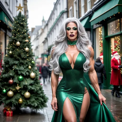 Prompt: Gorgeous muscular 35-year-old Portuguese drag queen bodybuilder with long wavy silver hair, dark eyeshadow, dark lipstick, and large busom, walking down the high street at Christmas, wearing a gorgeous green gown (design as a Christmas tree) and stiletto heels, realistic, natural lighting,  snowing