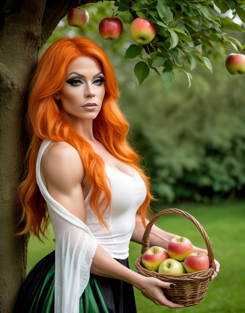 Prompt: 4k image, A serene image featuring a gorgeous ultra-muscular 25-year-old medeival drag queen bodybuilder with orange hair standing by a tree in a medeival attire, consisting of a white blouse, green shawl, and black skirt, holding a wicker basket with apples inside, set against lush greenery with a soft, dreamy quality.  we see a medeival village in the background and sunrise in the far back, Michelangelo's style, Digital Image