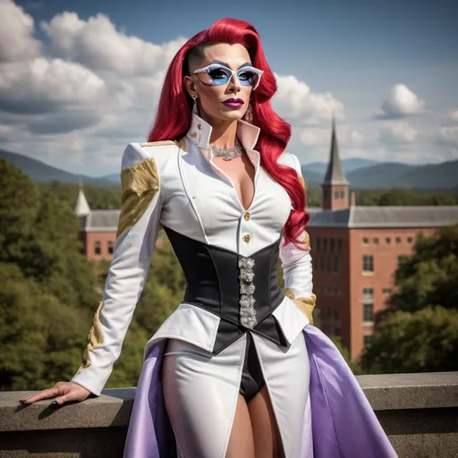 Prompt: Create a highly detailed AI defined image of a highly attractive 35-year-old drag queen college student (with very strong masculine jawline and brow features) in a fantasy uniform, big busom, wearing sunglasses, inspiring lustful uniform, classic makeup, at a unique fantasy school, 
wide landscape lense, ISO 500, Aperture f/22, APS-C, Splash art, dark fantasy art, stunning bokeh, cinematic lighting and scale, super detailed, 64k, high quality perfect lighting, perfect shadows.