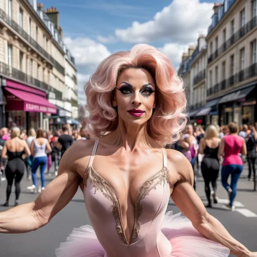 Prompt: Gorgeous, muscular, 35-year-old, French drag queen ballerina with large busom, dancing down the high street, detailed clothing (leotards and tutu), realistic, natural lighting View fullbody