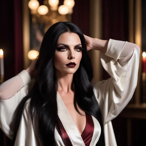 Prompt: Tom Cruise dressed up as Gorgeous ultra-muscular 25-year-old Swedish drag queen with long straight shiny black hair, dark smoky eyeshadow, heavy mascara, dark red lipstick, meditate, wisdom, Brown and white robes, laidback relaxed,