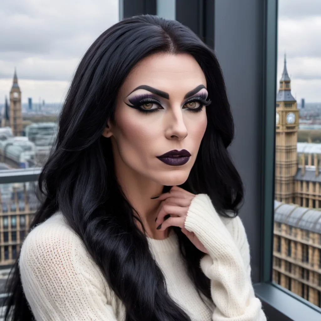 Prompt: Gorgeous muscular 35-year-old French drag queen with strong masculine jawline,  very long black hair, dark eyeshadow, and dark lipstick, in the CAD office wearing a white chenille knitted sweater, next to the window with London city and Big Ben view