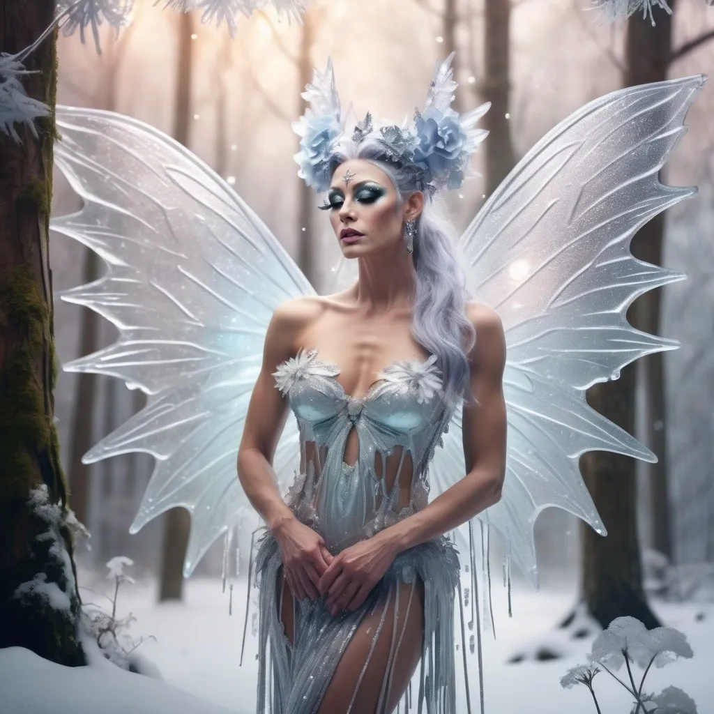 Prompt: Gorgeous muscular 35-year-old (melting ice fairy) drag queen, delicate wings dripping with glistening icicles, ethereal glow from the fairy's body, surrounded by frost-covered flowers, shimmering particles in the air, enchanted forest backdrop, soft pastel color tones, serene and mystical ambiance, (highly detailed), magical light illuminating the scene, ethereal presence, enchanting winter wonderland vibe.