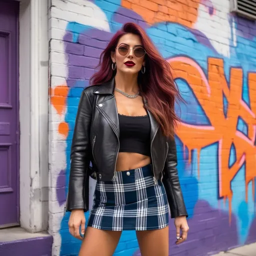 Prompt: Set against a vibrant mural of blues, purples, and oranges, a Gorgeous, very muscular, suntanned, 30-year-old, suntanned, French drag queen (with strong masculine facial features, dark lipstick, huge busom, brick red colored hair) confidently poses, embodying a modern fusion of style. Her outfit features a sleek black leather jacket over a fitted, laced top, complemented by a blue plaid skirt that flares out playfully. Adding to her edgy look, she accessorizes with layered necklaces and knee-high socks, exuding a bold, youthful energy. The scene, illuminated by natural light, highlights both her expressive smile and the dynamic graffiti-art backdrop, creating a lively urban atmosphere that reflects contemporary trends and personal style.