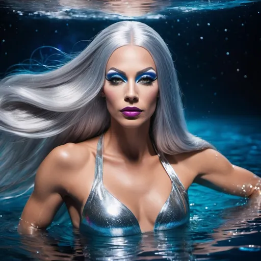 Prompt: A gorgeous ultra-muscular 25-year-old Swedish drag queen goddess with very long straight silver hair swimming in a lake of liquid Mercury in outer space. Vivid colors. Hd imaging.