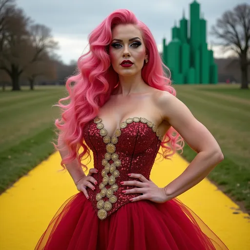 Prompt: Gorgeous ultra-muscular 25-year-old Swedish drag queen bodybuilder with long styled dark pink hair dressed as Glinda the Good witch of the north with a beautiful gown on, dark smokey eyeshadow, 
Heavy mascara,  dark red lipstick posing at the yellow brick road with Oz in the background.