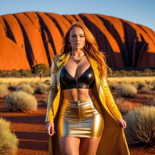 Prompt: 4k,dramatic, vibrant colors  ,high resolution, professional, modeling, gorgeous 25-year-old (caucasian) Australian bodybuilder goddess Ayers rock in the background at dusk, she is modeling , huge busom, ridiculously long flowing strawberry-blonde hair, opened tellow leather jacket, gold crop top shirt, yellow miniskirt, necklace , unique modeling pose , low angle shot ,legs ,dynamic photo