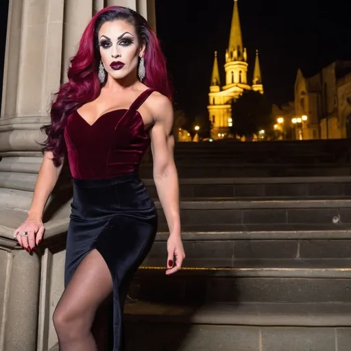 Prompt: Gorgeous muscular 25-year-old French drag queen bodybuilder (very strong masculine jawline and brow features) with big busom, long stylish dark red hair, dark eyeshadow,  mascara,  and burgundy lipstick.  She is wearing a black velvet knee-length pencil skirt, a red push-up velvet blouse, and 6 inch stiletto high heel shoes.  Posing in and old scary candle lit church at night.