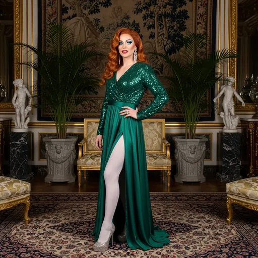 Prompt: Photo Portrait of a strikingly beautiful 35-year-old British fairy-tale DRAG QUEEN princess, silky burnt orange hair cascading down, sparkling blue eyes shimmering with electric radiance, wearing a long regal emerald silk gown with sequins, white tights and 8 inch stiletto high heel shoes. Adorned with silver earrings and sparkling jewels, her (hourglass figure) accentuates her with a warm, inviting smile. Standing gracefully in an opulent palace sitting room, surrounded by intricate decor and luxurious fabrics, ultra-detailed. Capturing the opulent luxury of the setting with tapestries, statuary, Kentia Palms in containers, and elaborate Persian rugs, 8K, professional photography style.